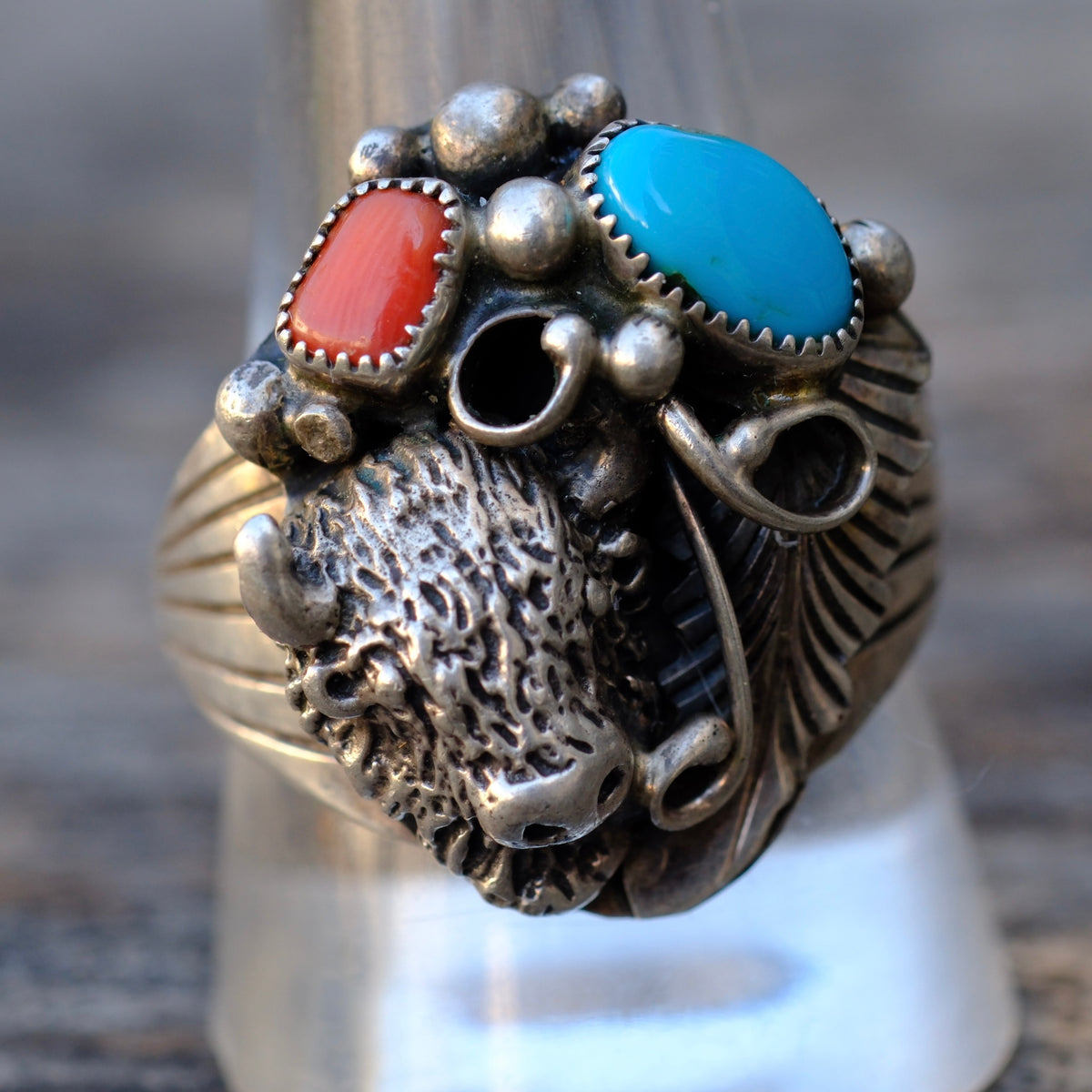 Vintage Sterling Turquoise and Coral Buffalo Ring 11