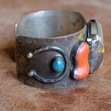 Vintage Sterling Turquoise and Coral Horseshoe Watch Cuff Bracelet