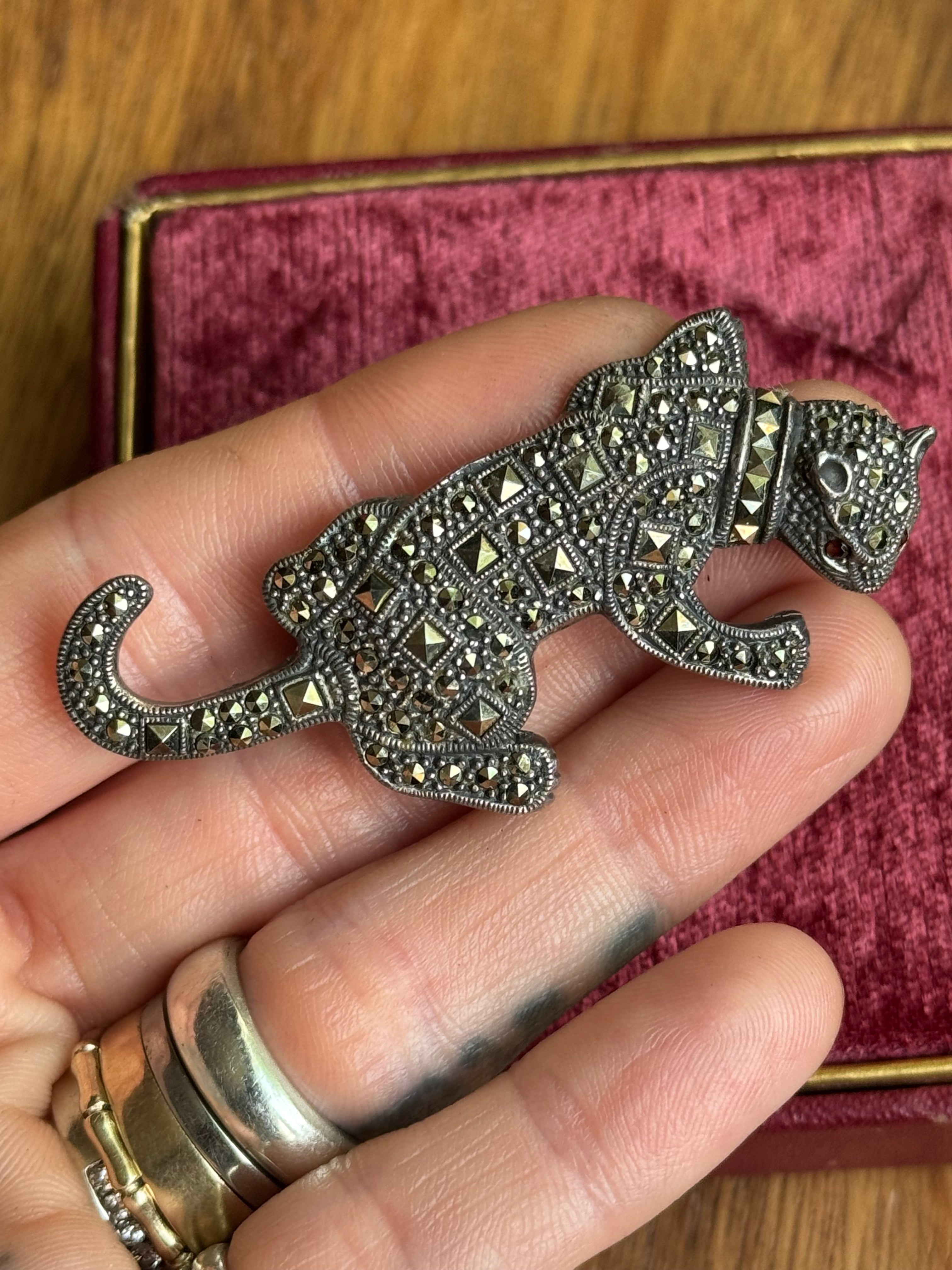 Vintage Sterling Silver Marcasite Panther Pin