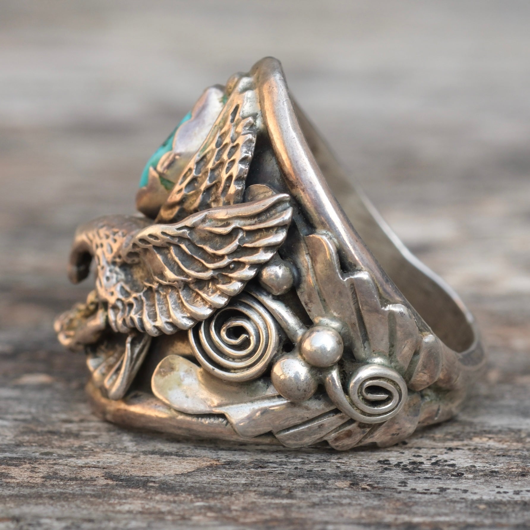 Vintage Sterling Turquoise and Coral Eagle Ring 10