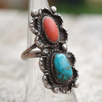 Vintage Sterling Turquoise and Coral Ring 6.25