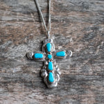Vintage Sterling 7-Stone Coral  Cross Necklace