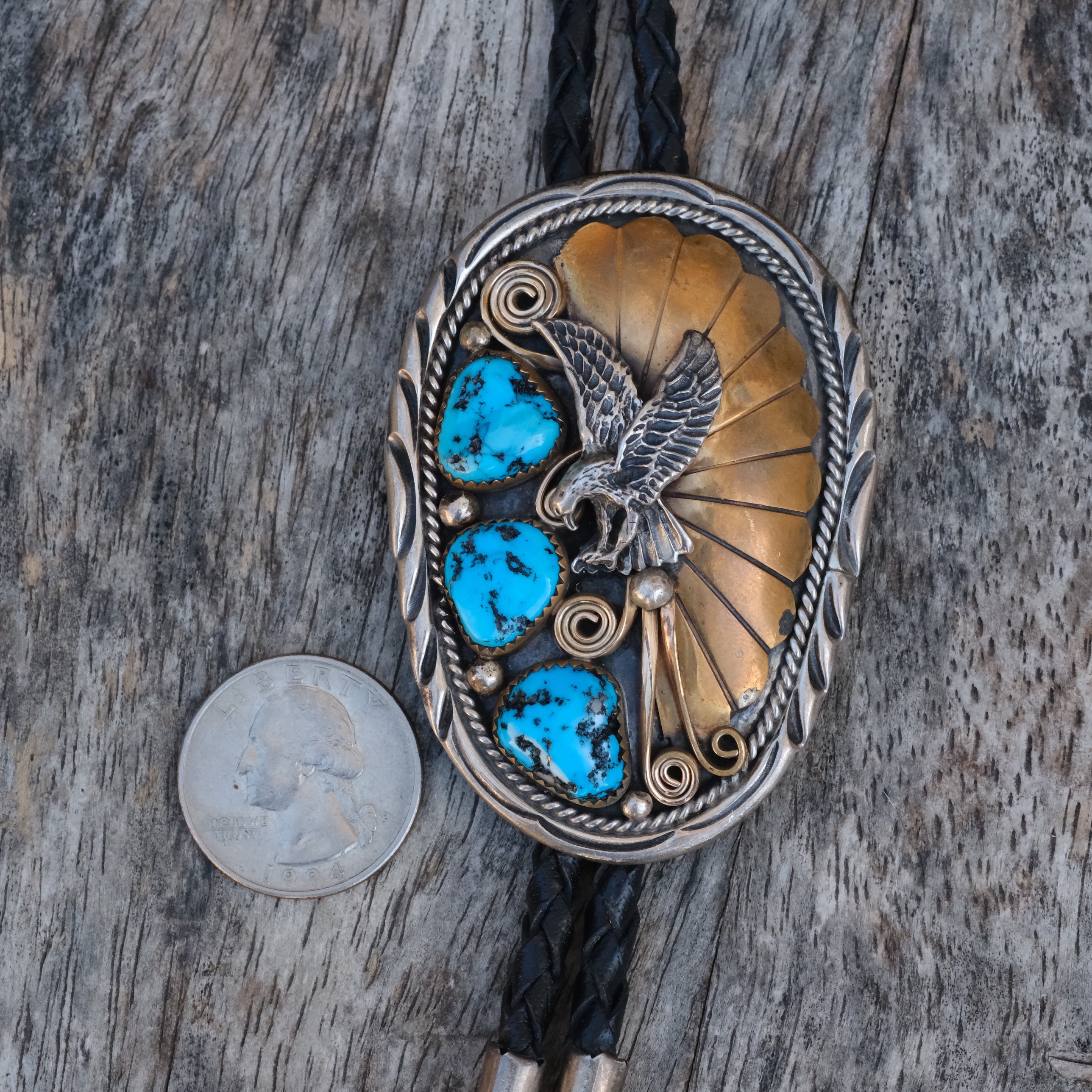 Vintage Sterling and Gold Turquoise Eagle Bolo Tie