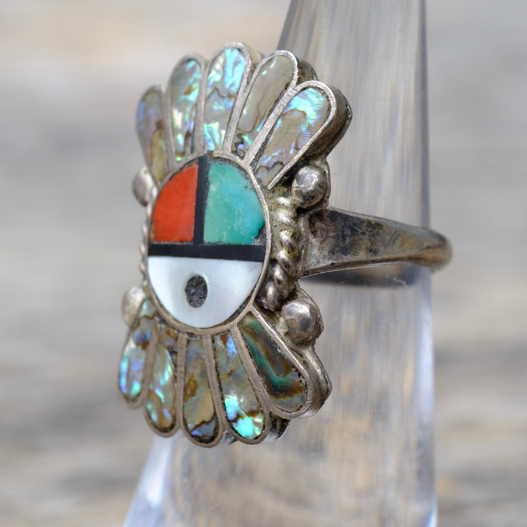 Vintage Sterling Multistone Inlay Zuni Surface Ring 4.75