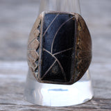 Vintage Sterling Onyx Inlay Ribbed Band Ring 10.5