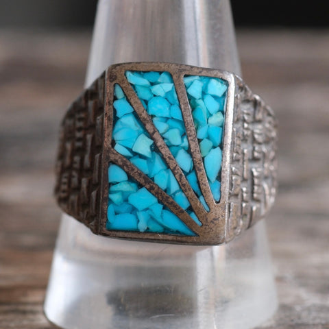 Vintage Sterling Crushed Turquoise Sunrise Ring 11.25