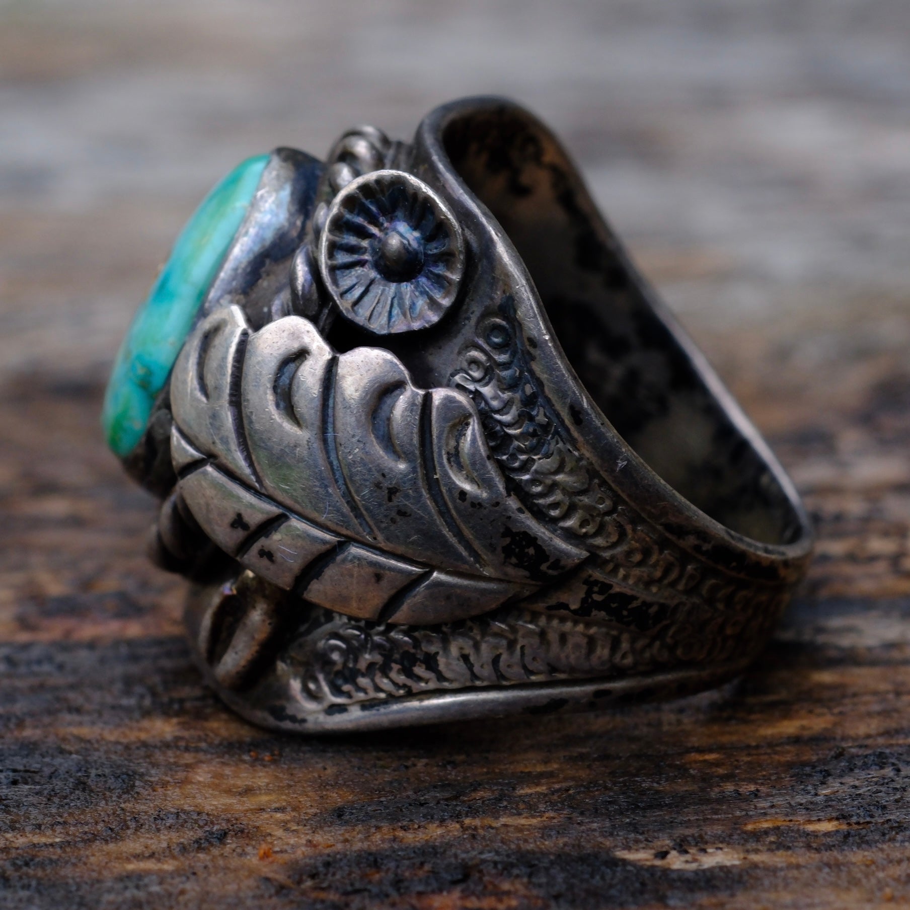 Vintage Sterling Turquoise Feather Ring 11.75