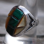 Vintage Sterling Malachite and Mother Of Pearl Inlay Ring 10.25