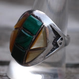 Vintage Sterling Malachite and Mother Of Pearl Inlay Ring 10.25