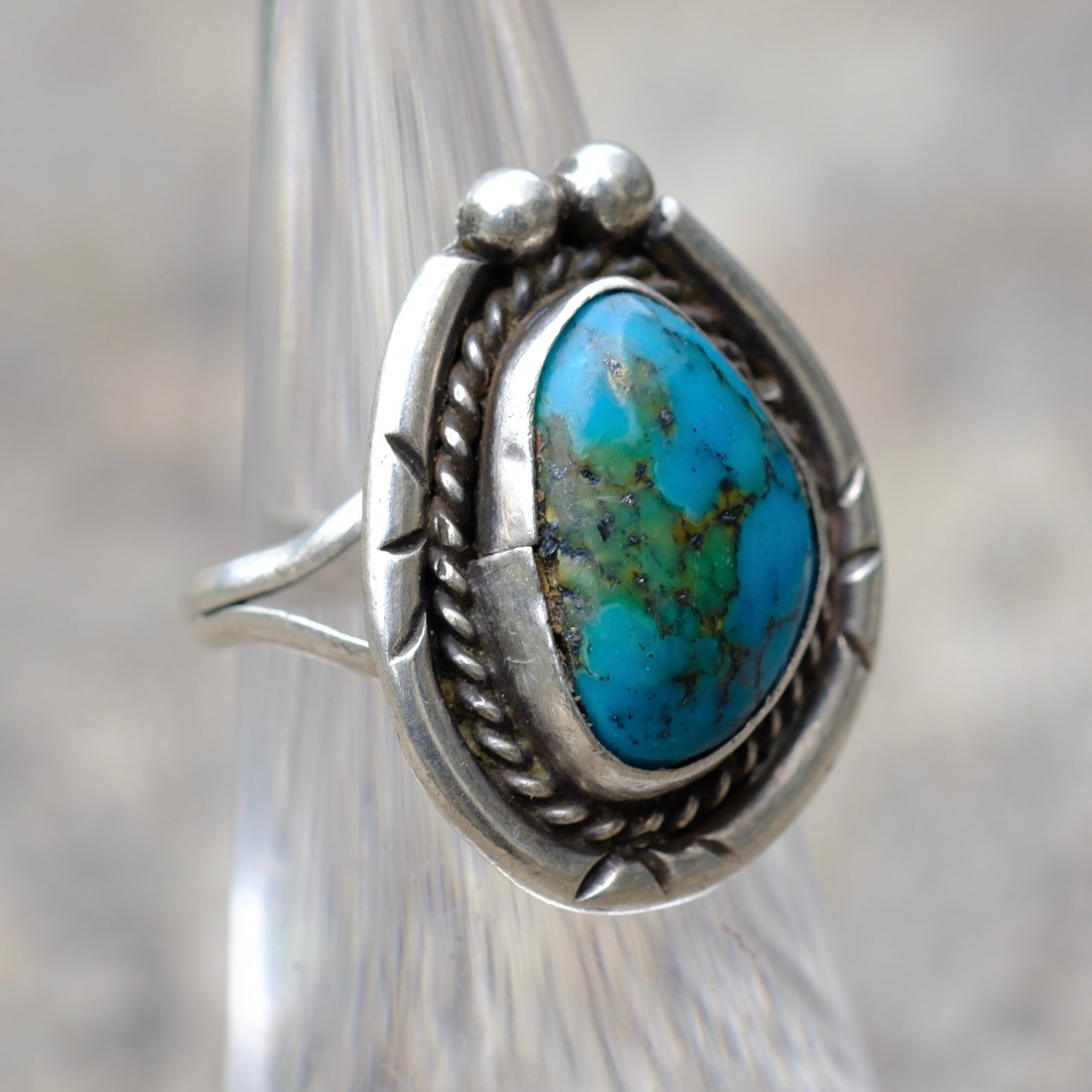 Vintage Sterling Turquoise Roper Ring 4.5