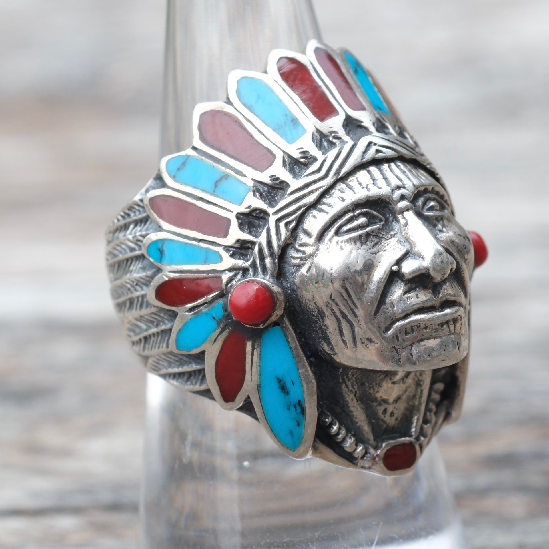 Vintage Sterling Turquoise and Coral Big Chief Ring 8