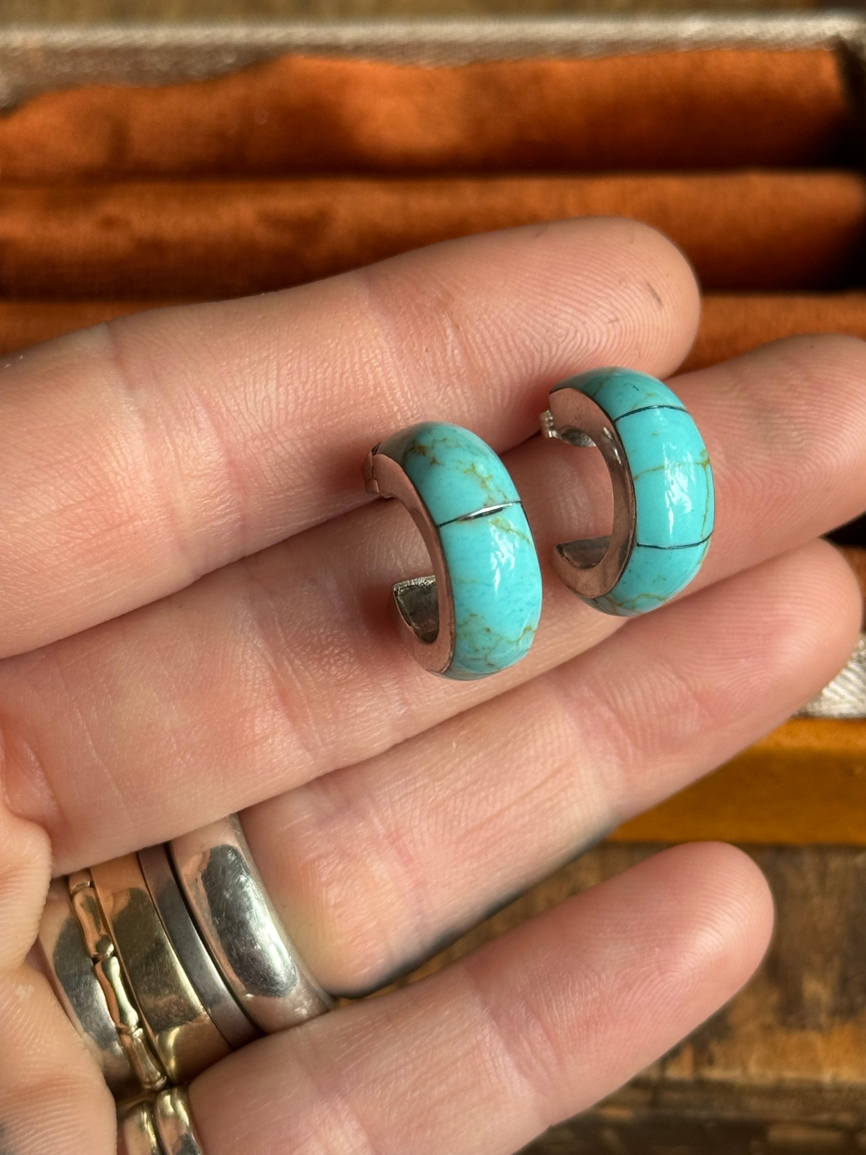 Vintage Sterling Silver Turquoise Inlay Hoops
