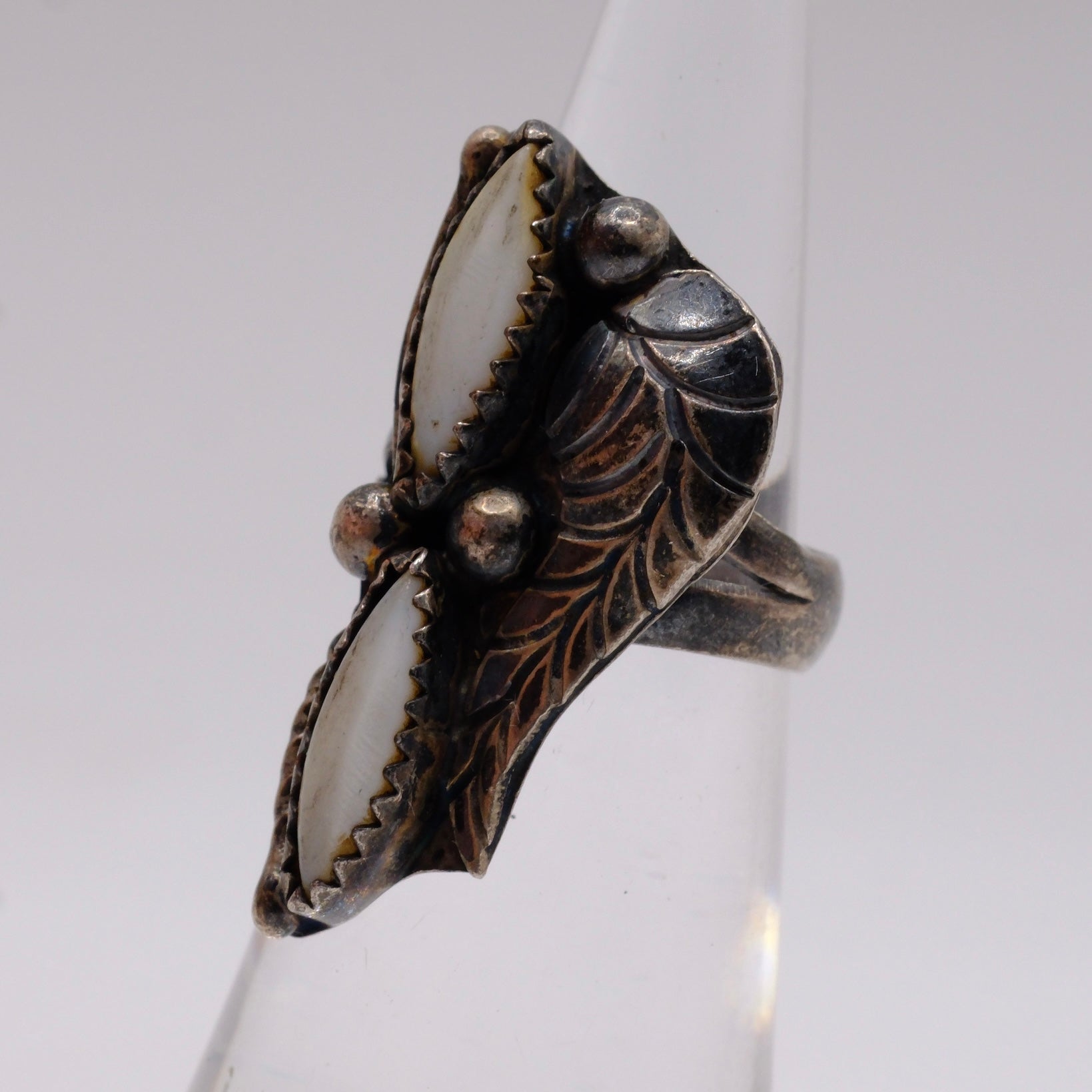 Vintage Sterling 2-Stone Mother Of Pearl Ring 3.25