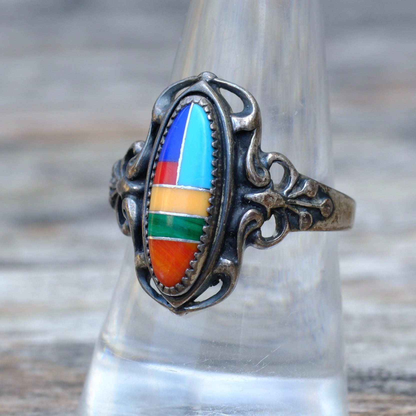 Vintage Sterling Multistone Inlay Ring 8.5