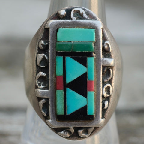 Vintage Sterling Multi Stone Inlay Zuni Ring 8.25 Carolyn Bobelu