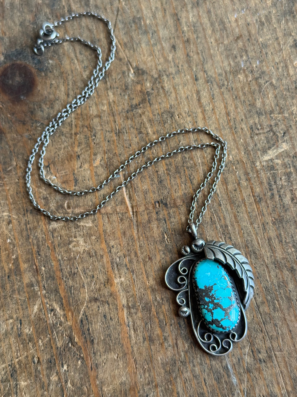 Vintage Sterling Silver Turquoise Leaf Necklace
