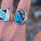 Vintage Sterling Turquoise and Coral Thunderbird Ring 9.5