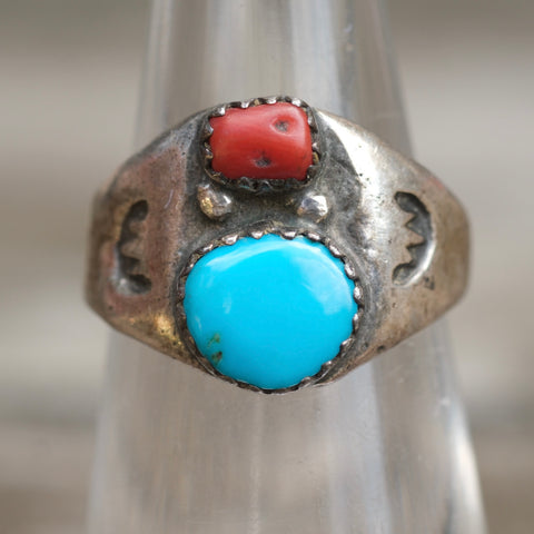 Vintage Sterling Turquoise and Coral Stamped Ring 5.5
