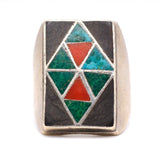 Vintage Sterling Jet Turquoise and Coral Inlay Ring 8
