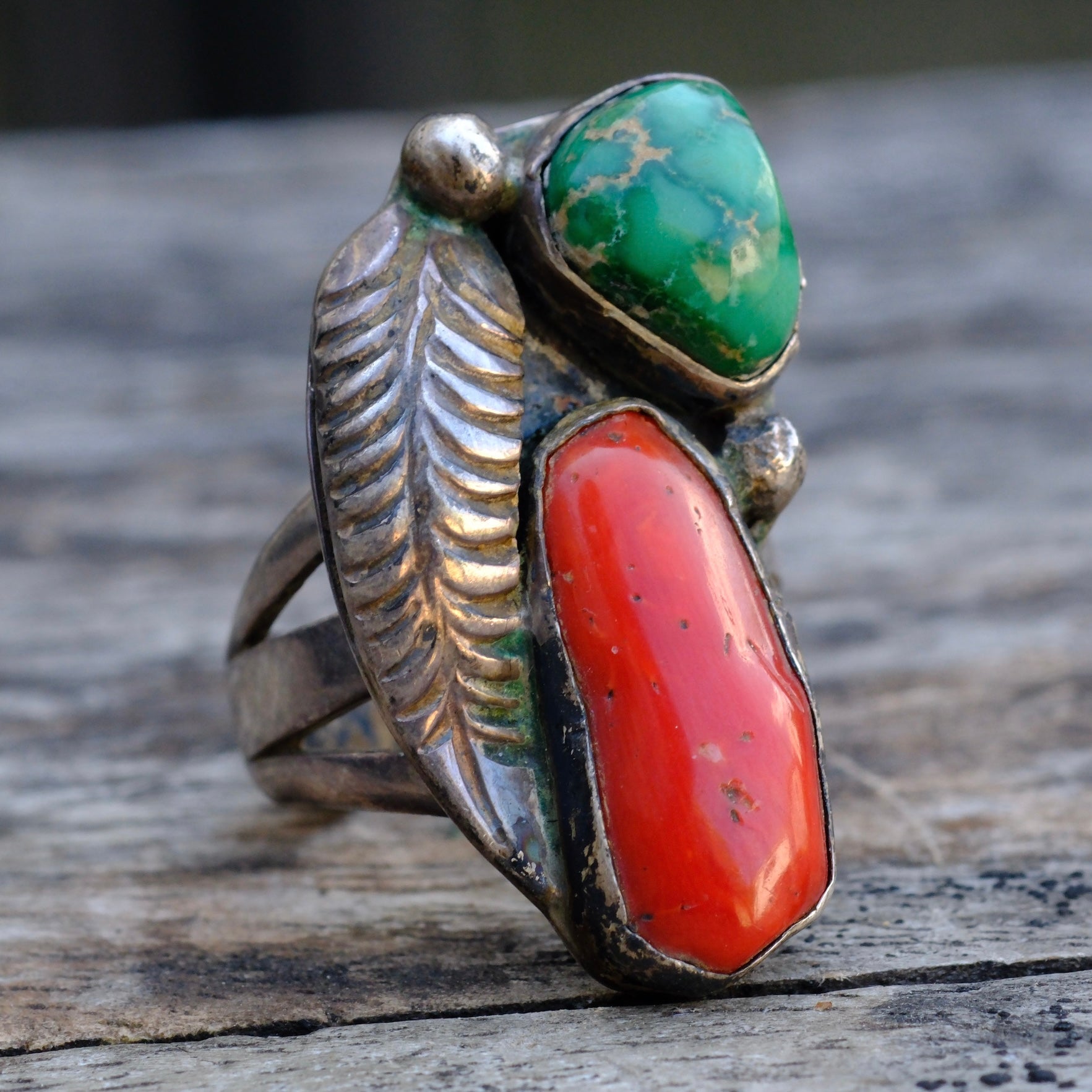 Vintage Sterling Turquoise and Coral Feather Ring 5.5