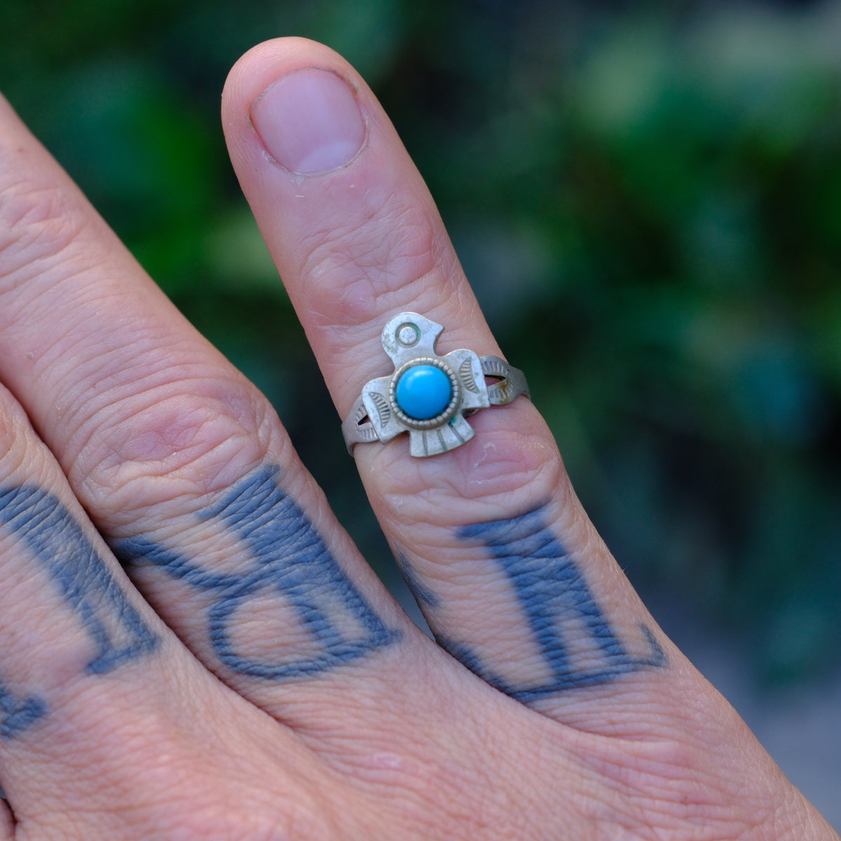 Vintage Sterling Turquoise Thunderbird Ring 4.5