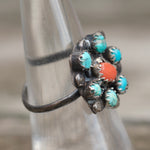 Vintage Sterling Turquoise and Coral Cluster Ring 7.25