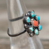 Vintage Sterling Turquoise and Coral Cluster Ring 7.25