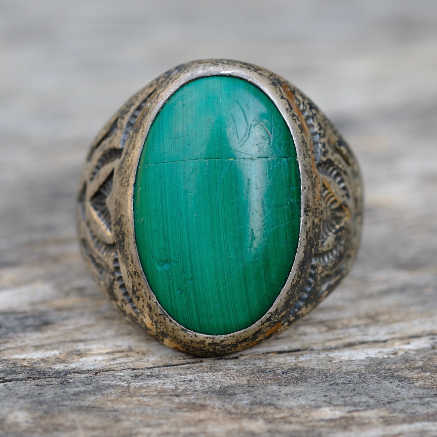 Vintage Sterling Malachite Bells Trading Post Stamped V Ring 10
