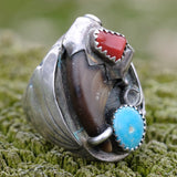 Vintage Sterling Turquoise and Coral Fox Claw Ring 9