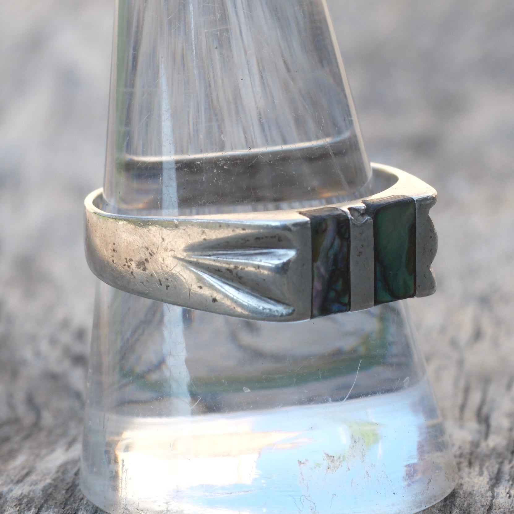Vintage Sterling Abalone Inlay Striper Ring 10.75