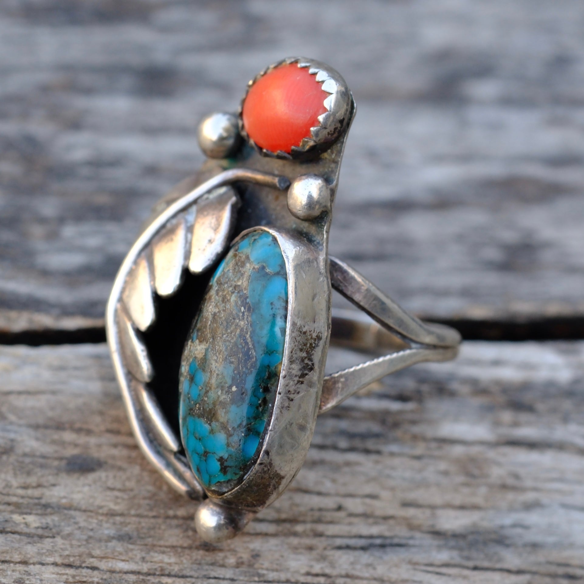 Vintage Sterling Turquoise and Coral Feather Ring 5.5
