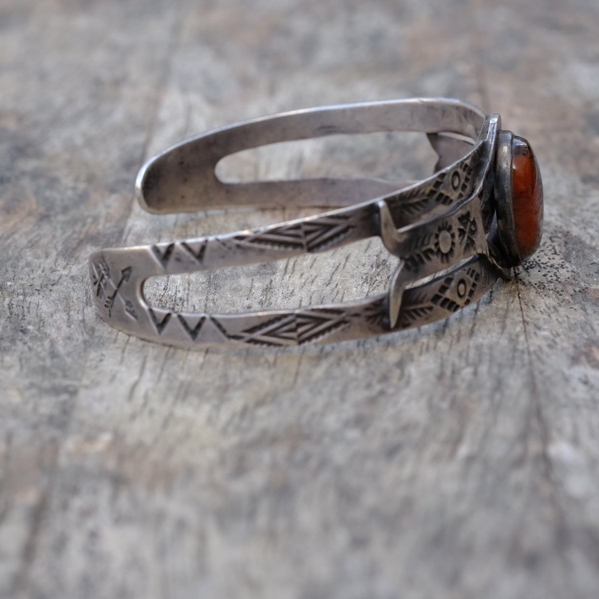 Vintage Sterling Petrified Wood Thunderbird Cuff Bracelet