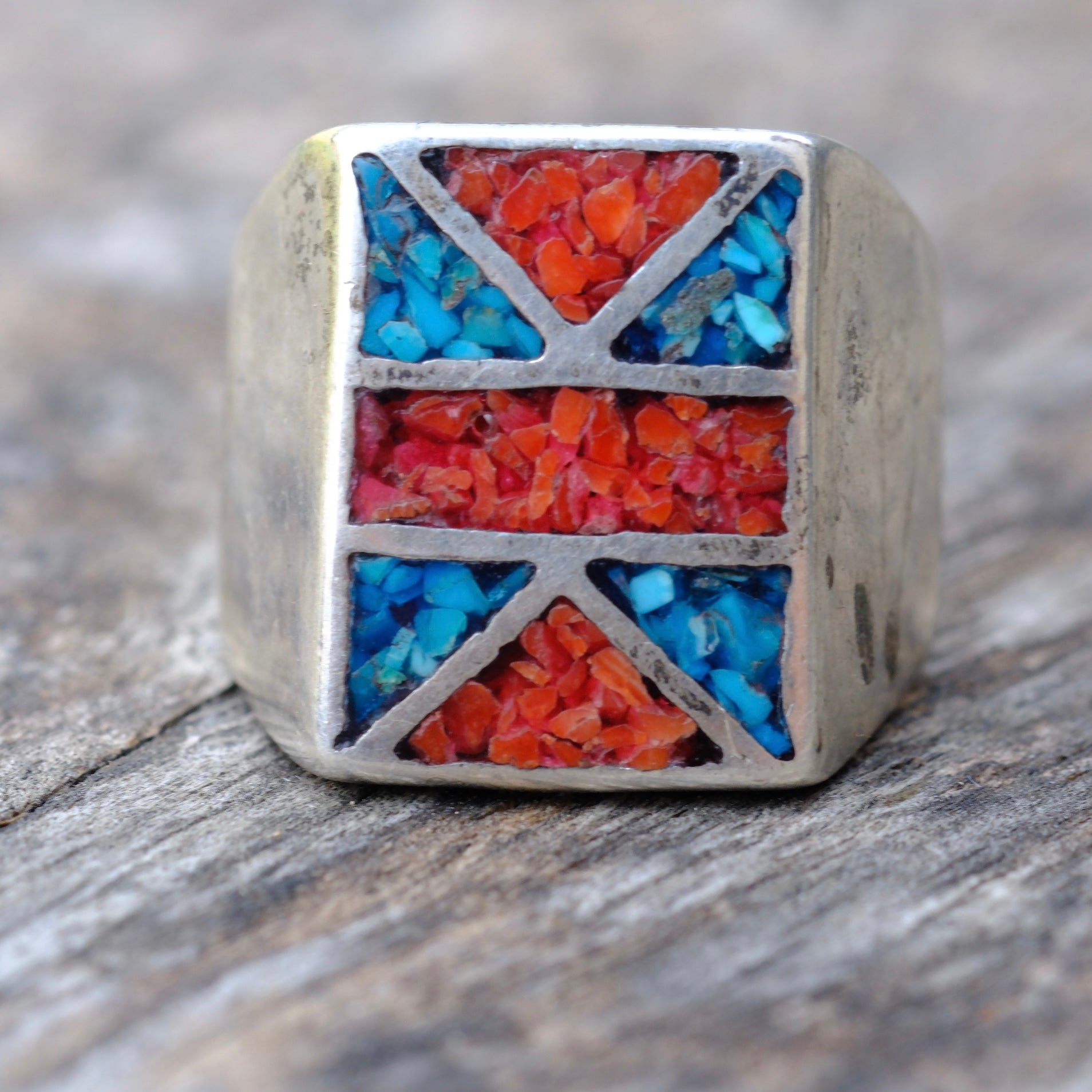 Vintage Sterling Turquoise and Coral Inlay Ring 9.5