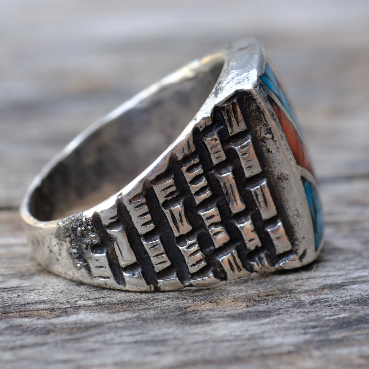 Vintage Sterling Turquoise and Coral Inlay Sunrise Ring 10