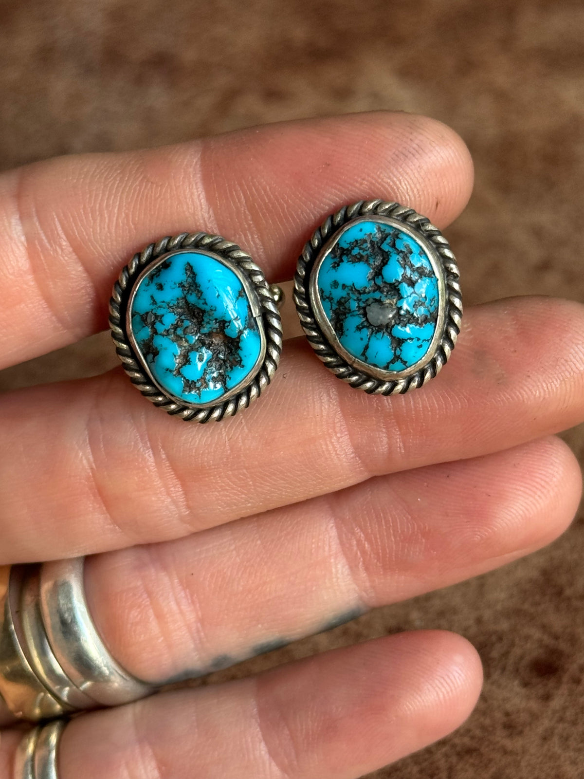 Vintage Sterling Silver Roped Turquoise Cufflinks
