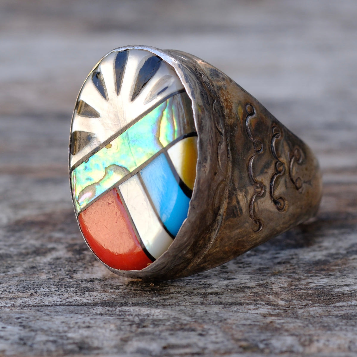 Vintage Sterling Multi Stone Inlay Stamped Band Ring 8.75