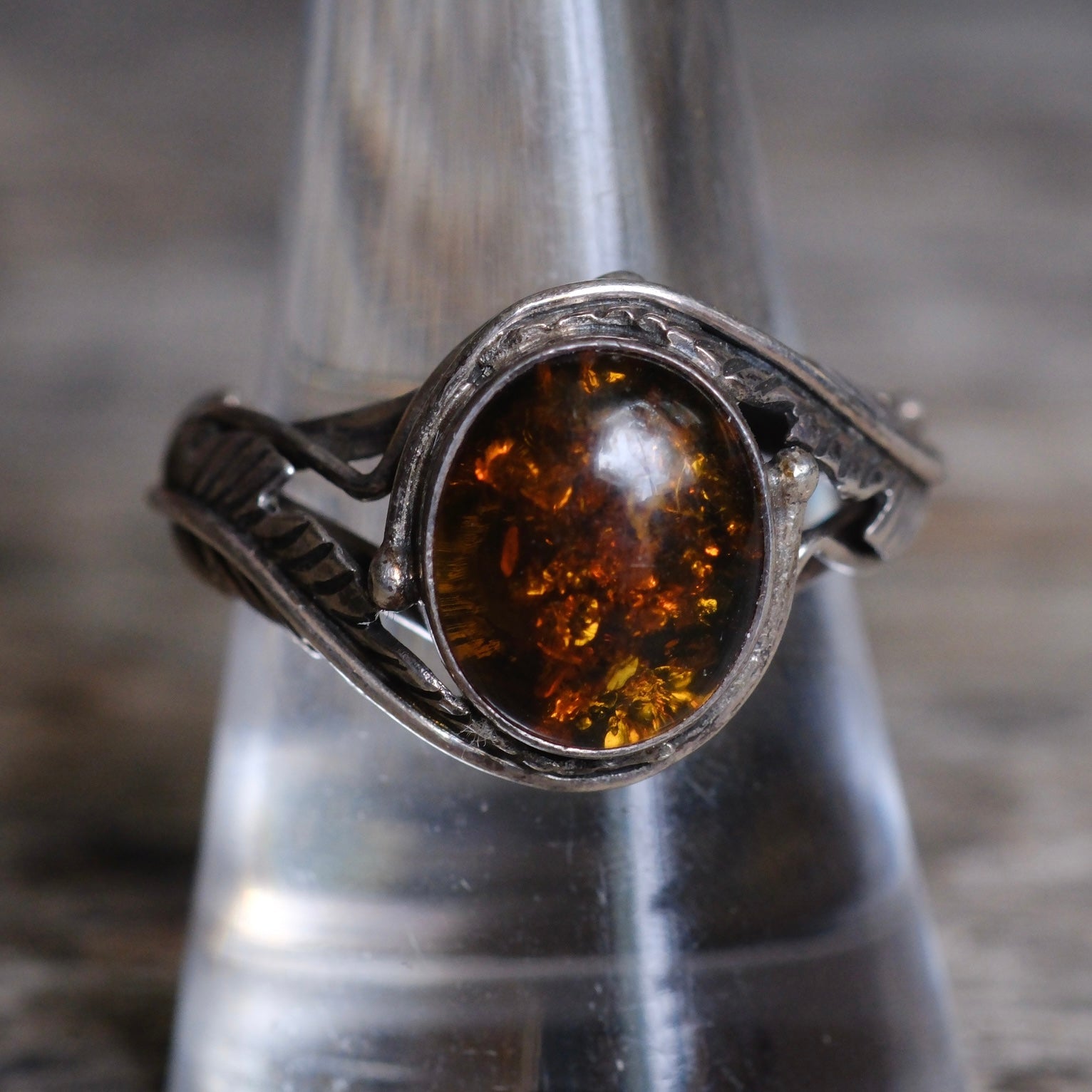 Vintage Sterling Amber Feather Ring 8.75