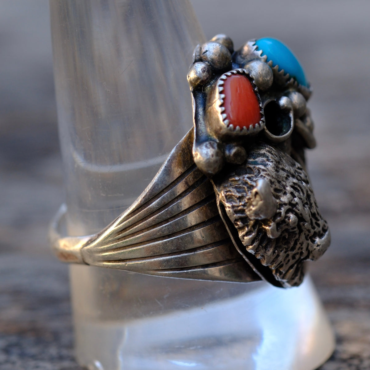 Vintage Sterling Turquoise and Coral Buffalo Ring 11