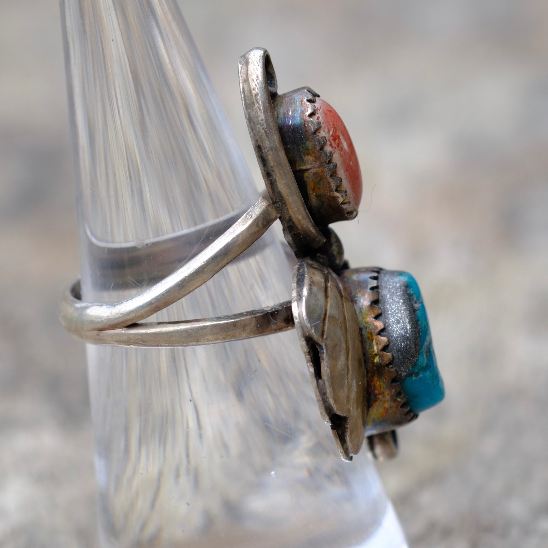 Vintage Sterling Turquoise and Coral Feather Ring 6