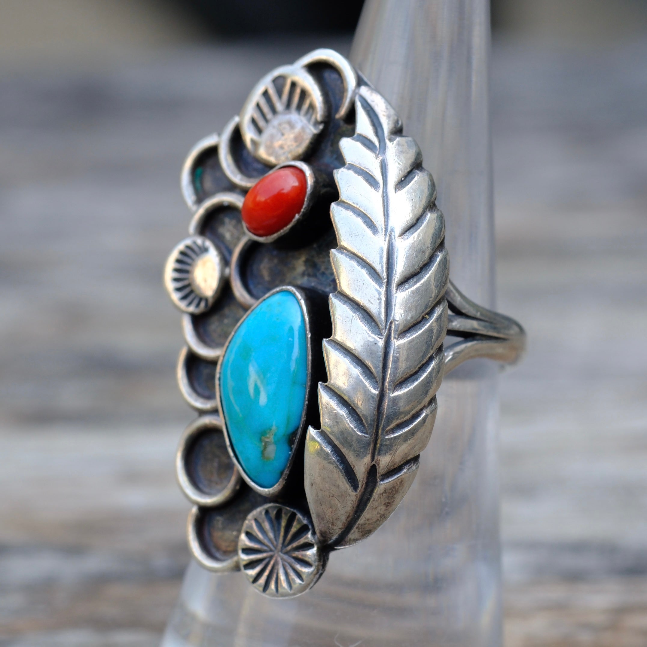 Vintage Sterling Turquoise and Coral Feather Ring 6.5