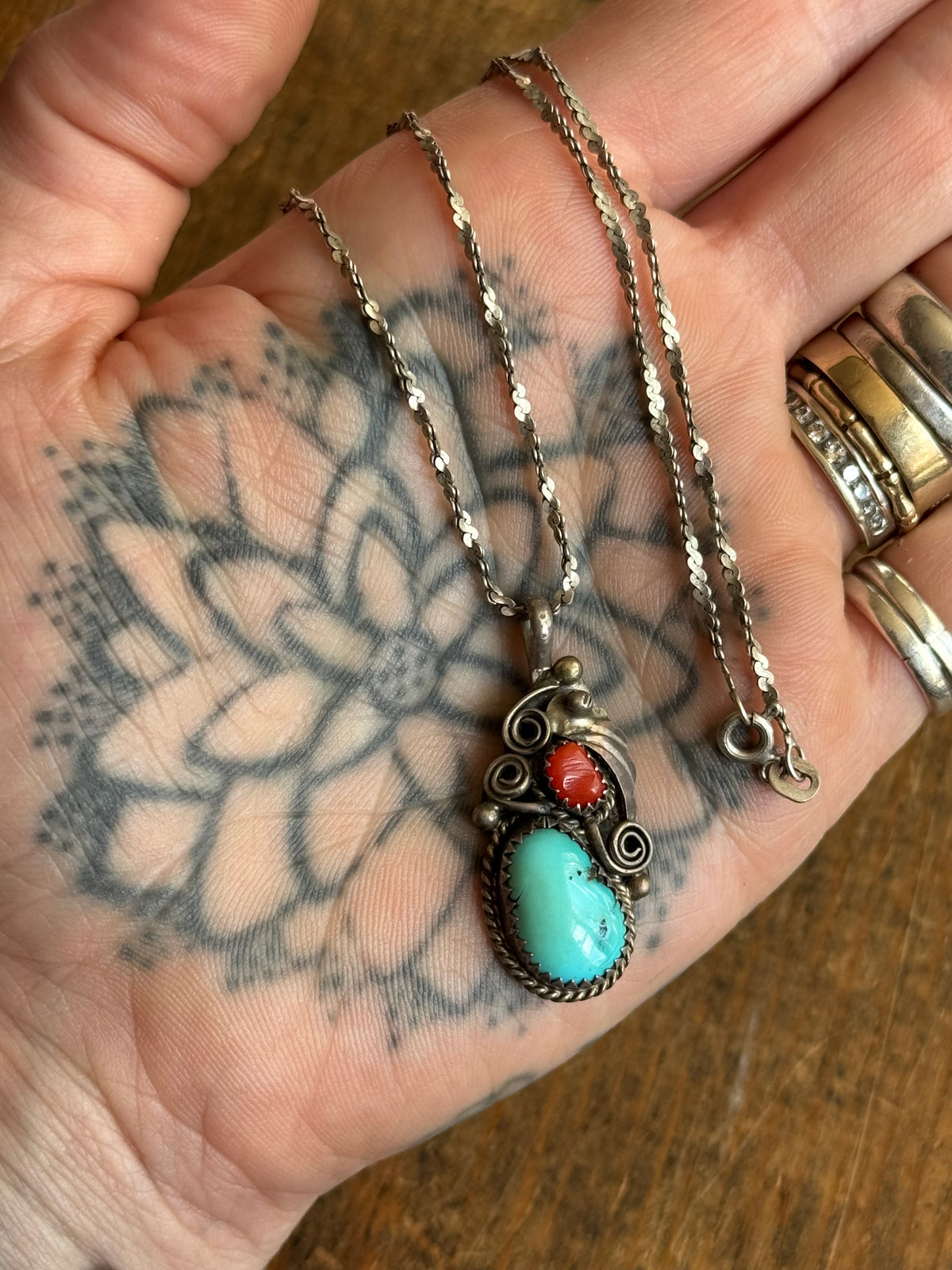 Vintage Sterling Silver Coral & Turquoise Fan Necklace
