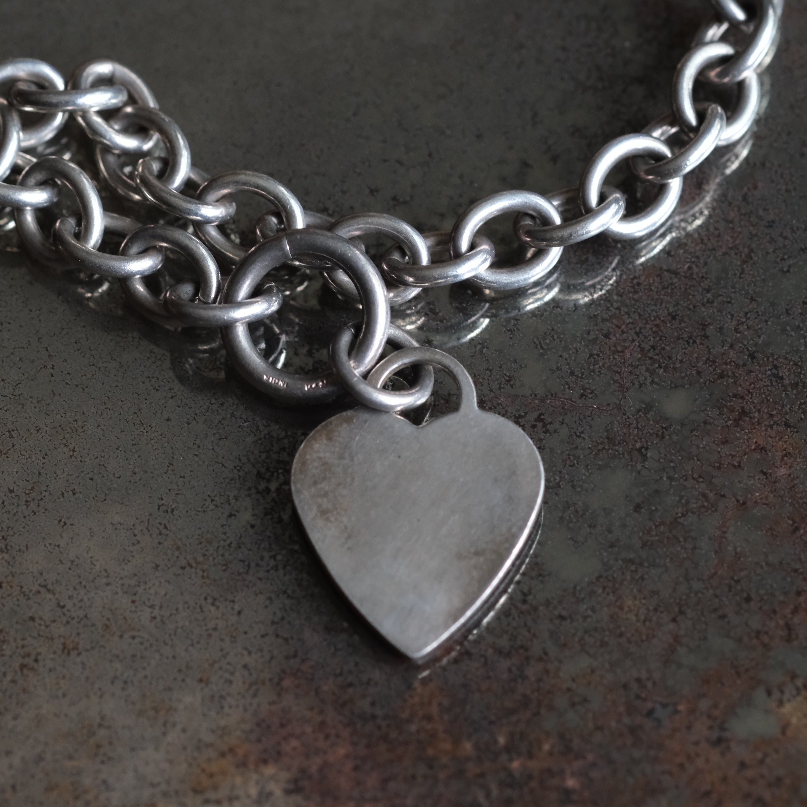 Vintage Sterling Rolo Link Heart ID Bracelet 7.75"