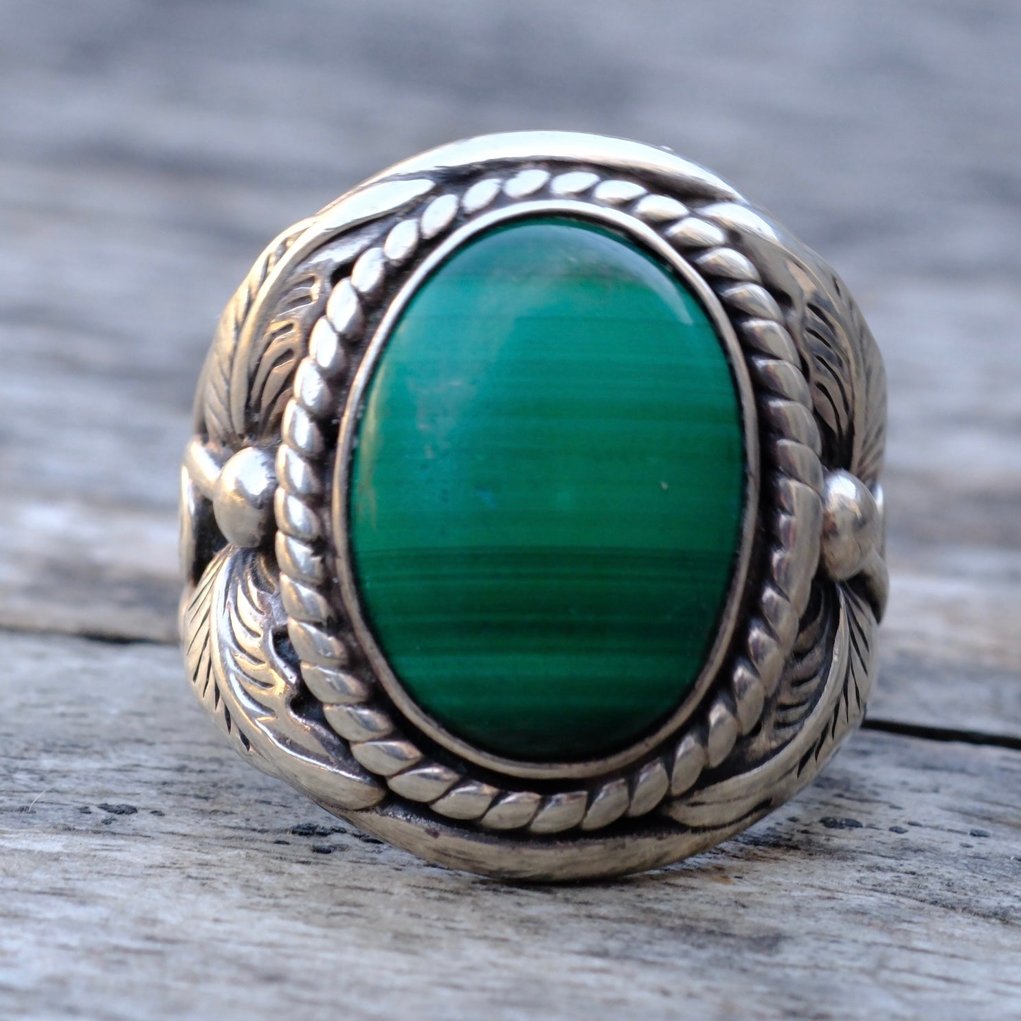 Vintage Sterling Malachite Feather Ring 9