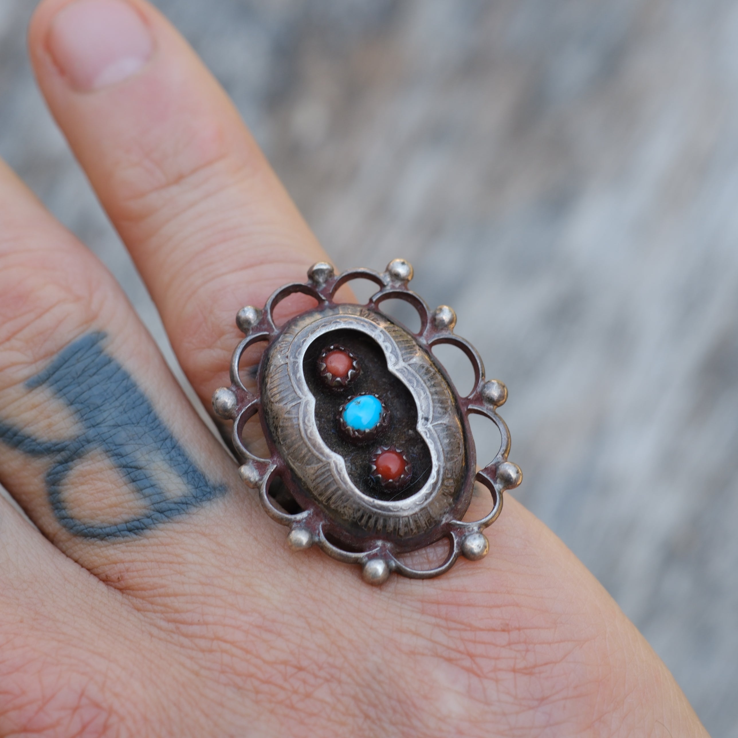 Vintage Sterling Turquoise and Coral Shadowbox Ring 7.25