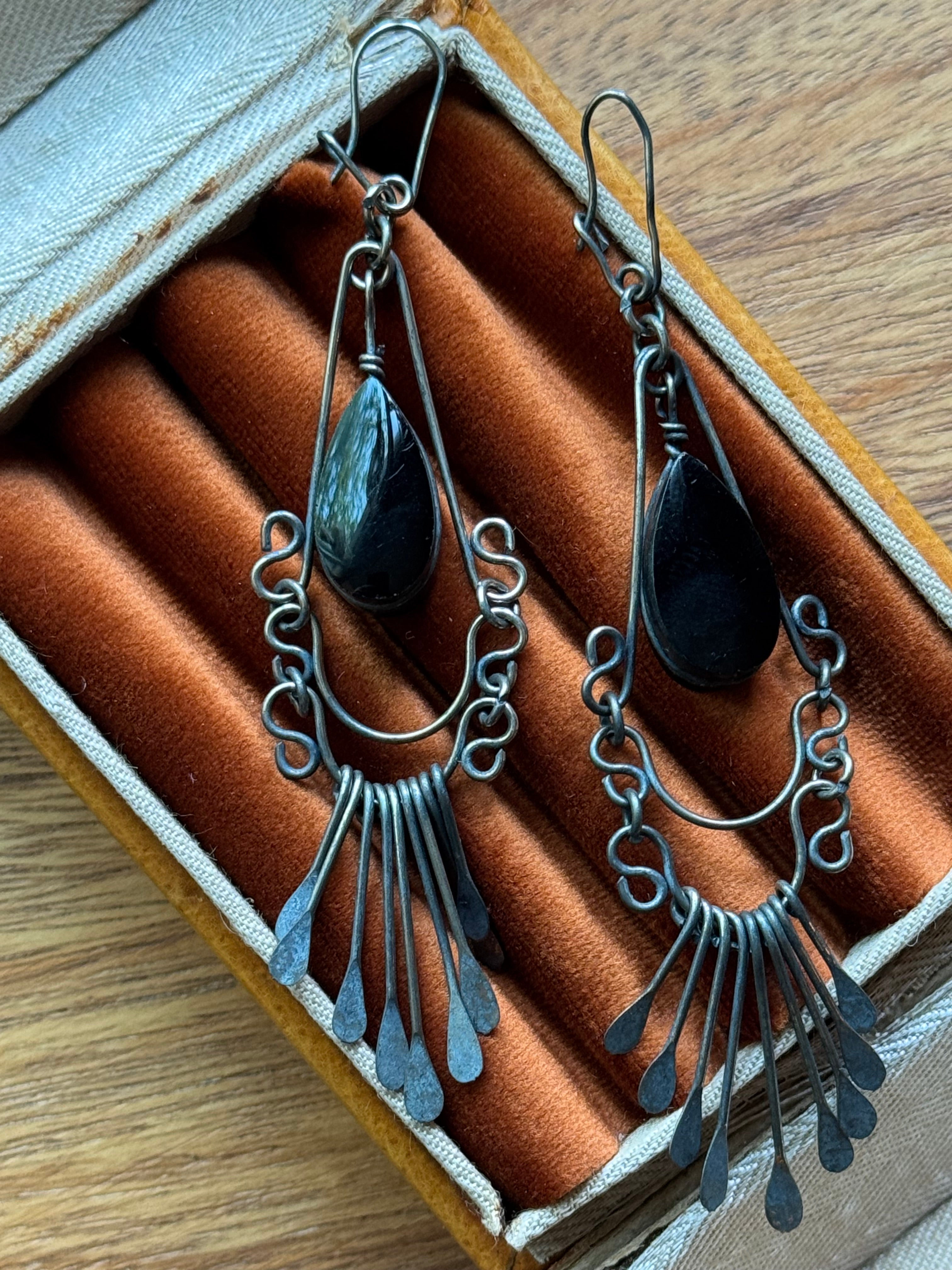 Vintage Sterling Silver Onyx Chandelier Earrings