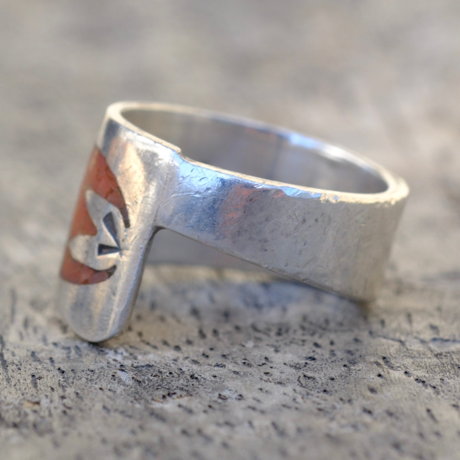 Vintage Sterling Turquoise and Coral Inlay Ring 6.25