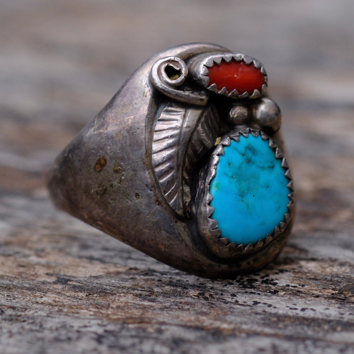 Vintage Sterling Turquoise and Coral Feather Ring 10.5