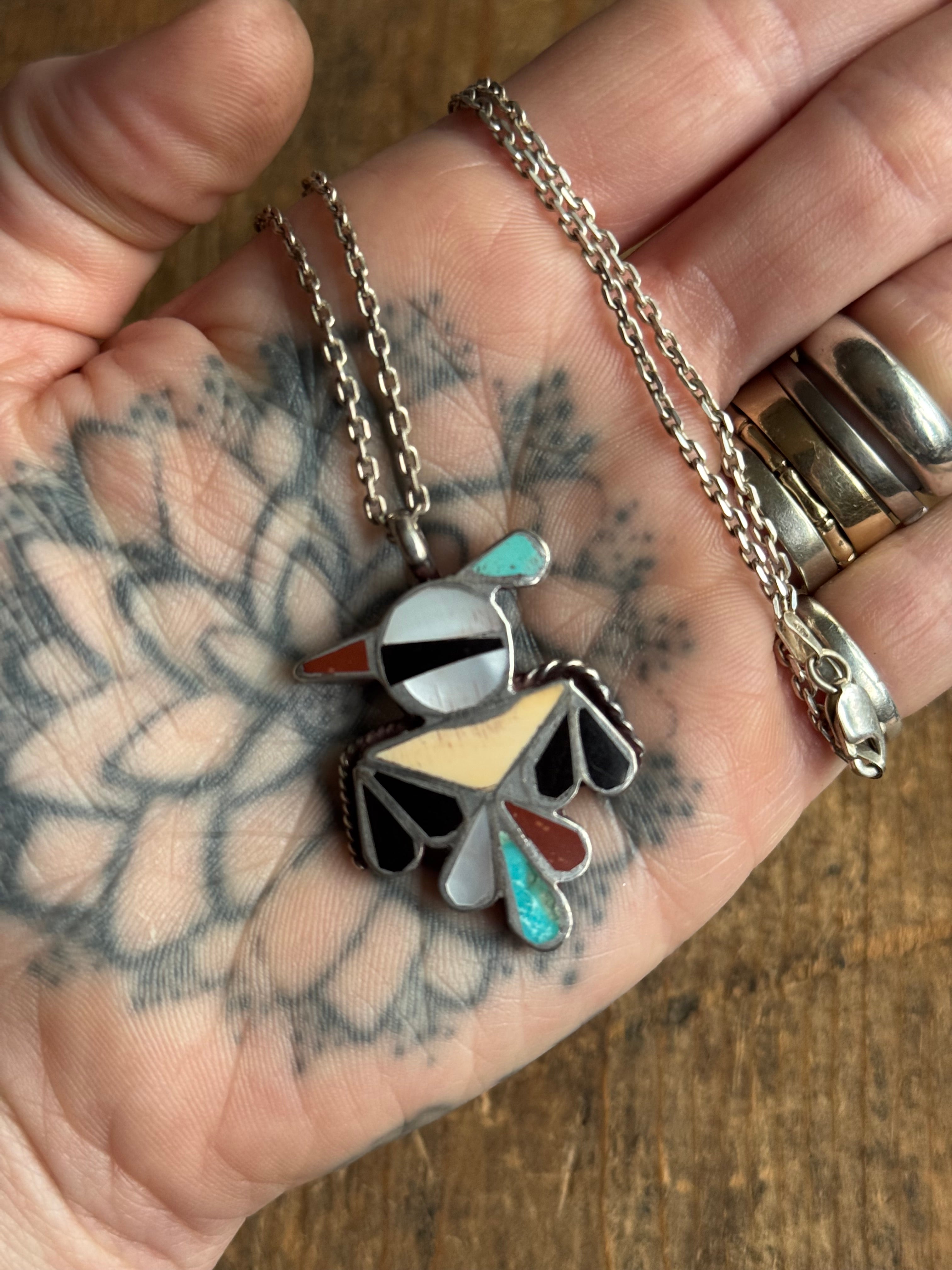 Vintage Sterling Silver Thunderbird Inlay Necklace