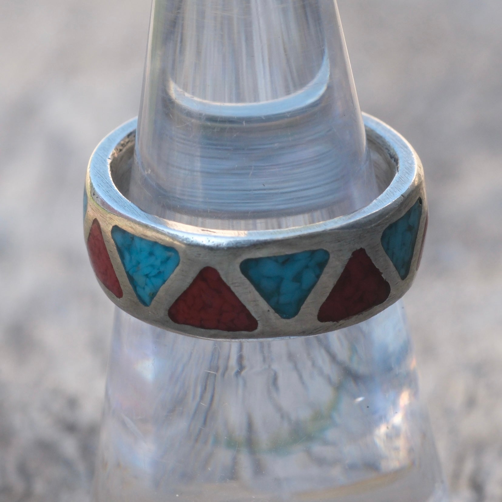 Vintage Sterling Turquoise and Coral Inlay Band 6.75