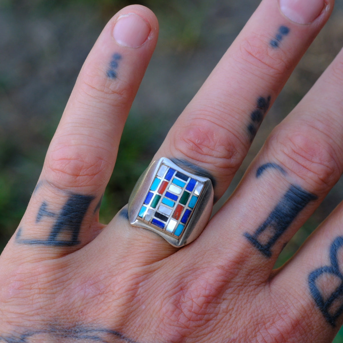 Vintage Sterling Multi Stone Inlay Panel Ring 8.75